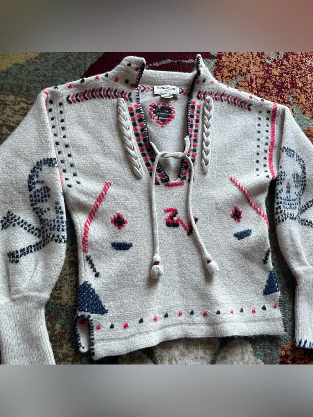 Zadig & Voltaire Amanda Jumper Sz S Embroidered Cashmere Merino Wool Aztec Skull